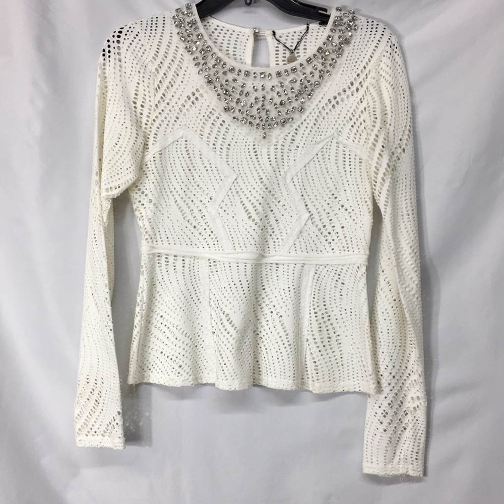 BKE Boutique Women’s White Lace Blouse With Rhinestones Size S Like-NEW